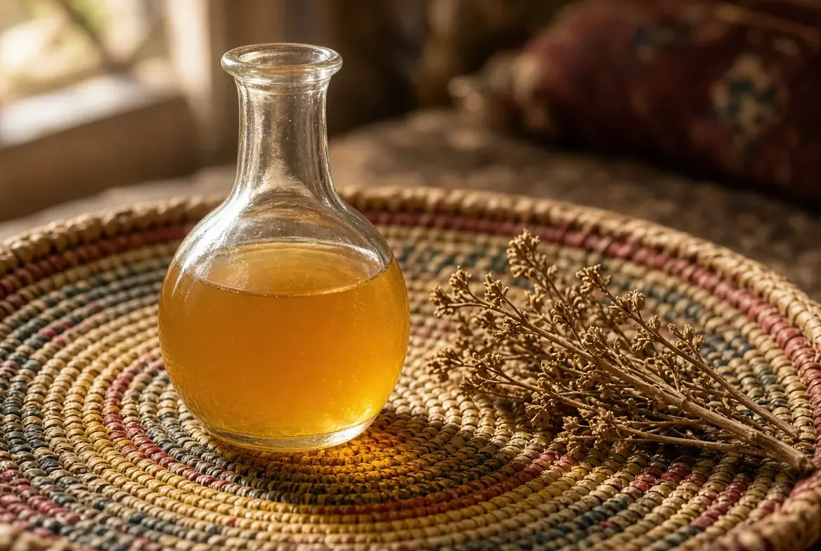 Round glass berele flask filled with cloudy golden tej on a woven mat, with dried gesho stems