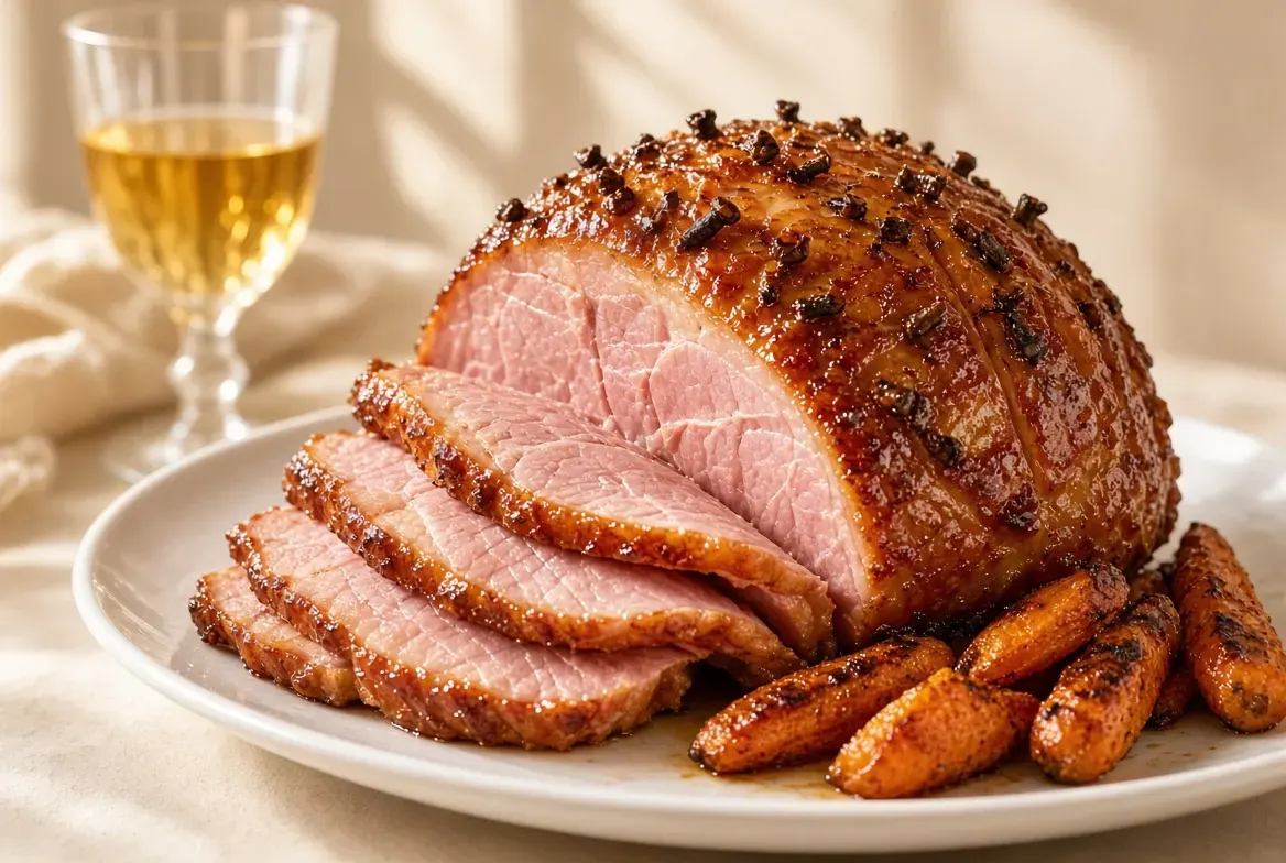 Carved honey glazed ham studded with cloves, served with roasted carrots and a glass of golden wine
