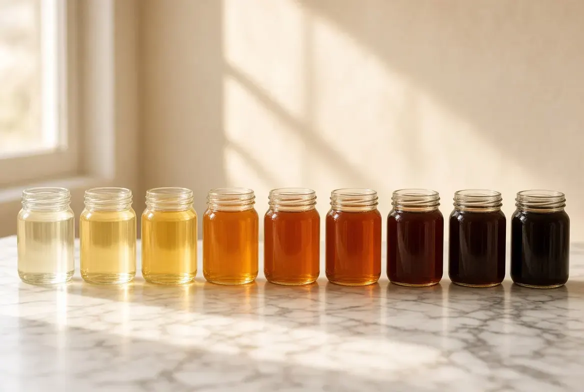 Nine jars of honey backlit in a row, shading from almost water-white to near-black