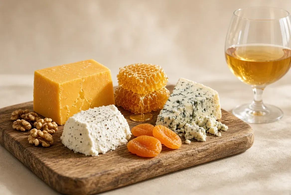 Cheese board with aged cheddar, blue cheese, fresh goat cheese, walnuts, dried apricots and honeycomb