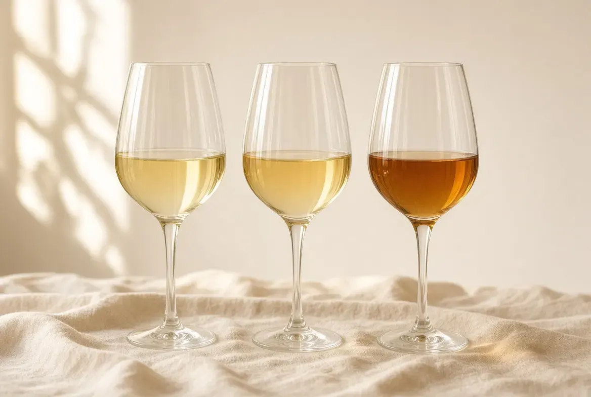 Three glasses of honey wine from pale straw through light gold to deep amber