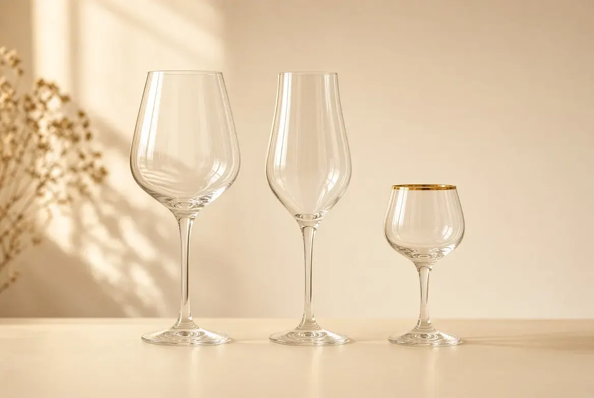 A white wine glass, a tulip-shaped sparkling glass and a small dessert glass side by side
