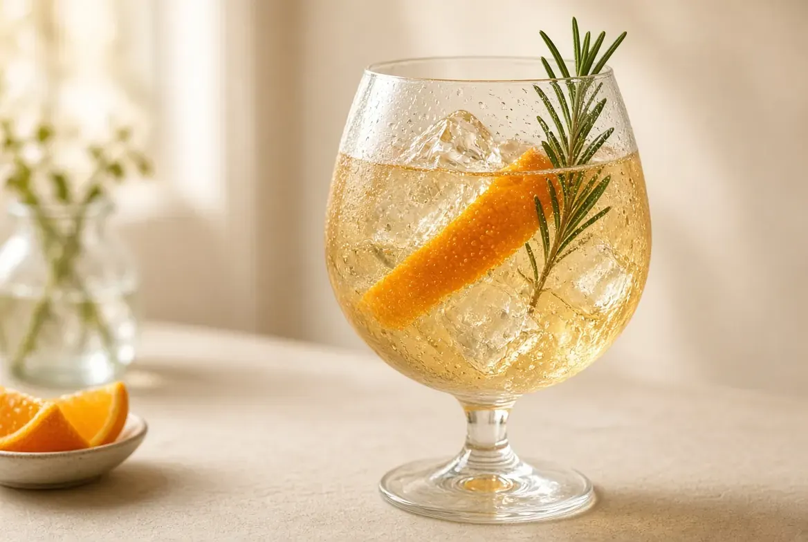 Honey wine spritz over ice in a stemmed glass with an orange twist and a sprig of rosemary