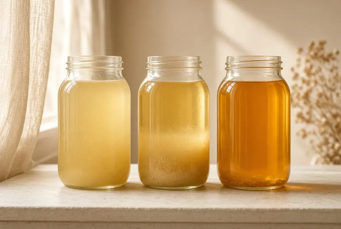 Three jars of mead side by side, from cloudy pale yellow to brilliantly clear gold