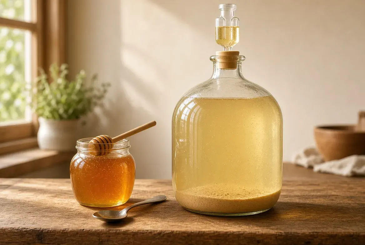 Glass demijohn of pale gold mead fermenting under an airlock beside a jar of honey