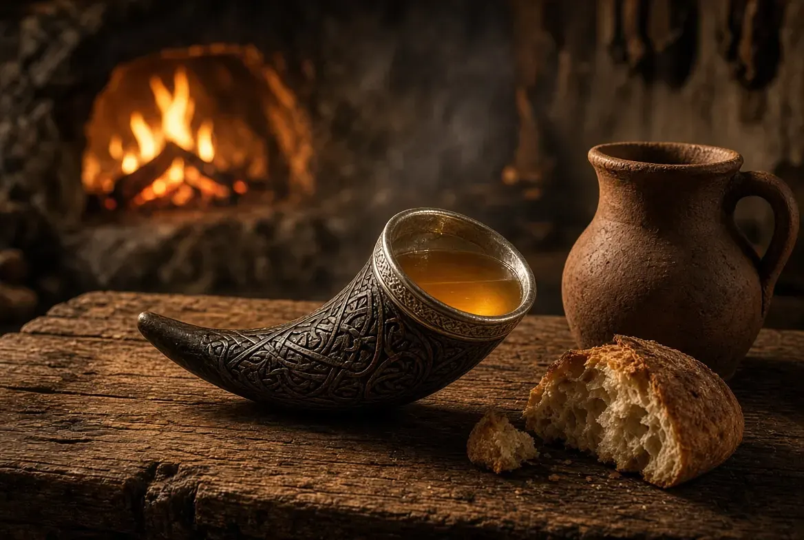 Carved drinking horn of amber mead on an oak table in front of a hearth fire