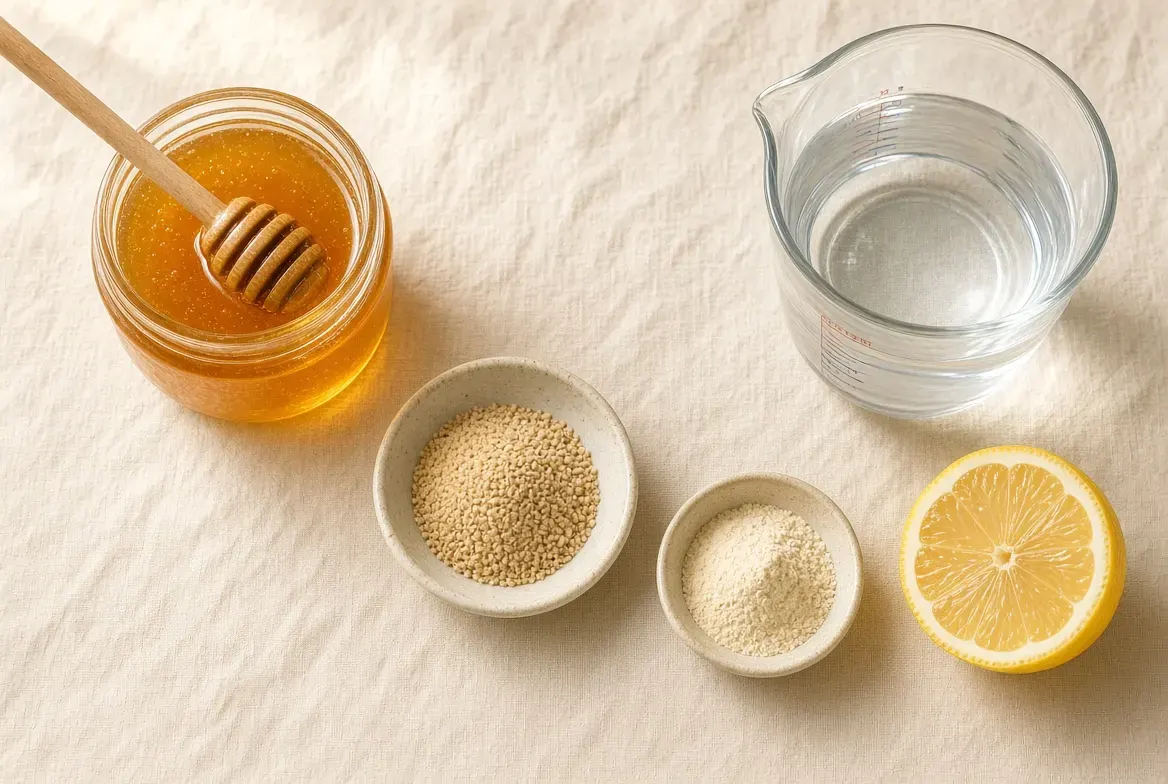 Honey, water, wine yeast, yeast nutrient and a lemon laid out for a one-gallon batch of mead