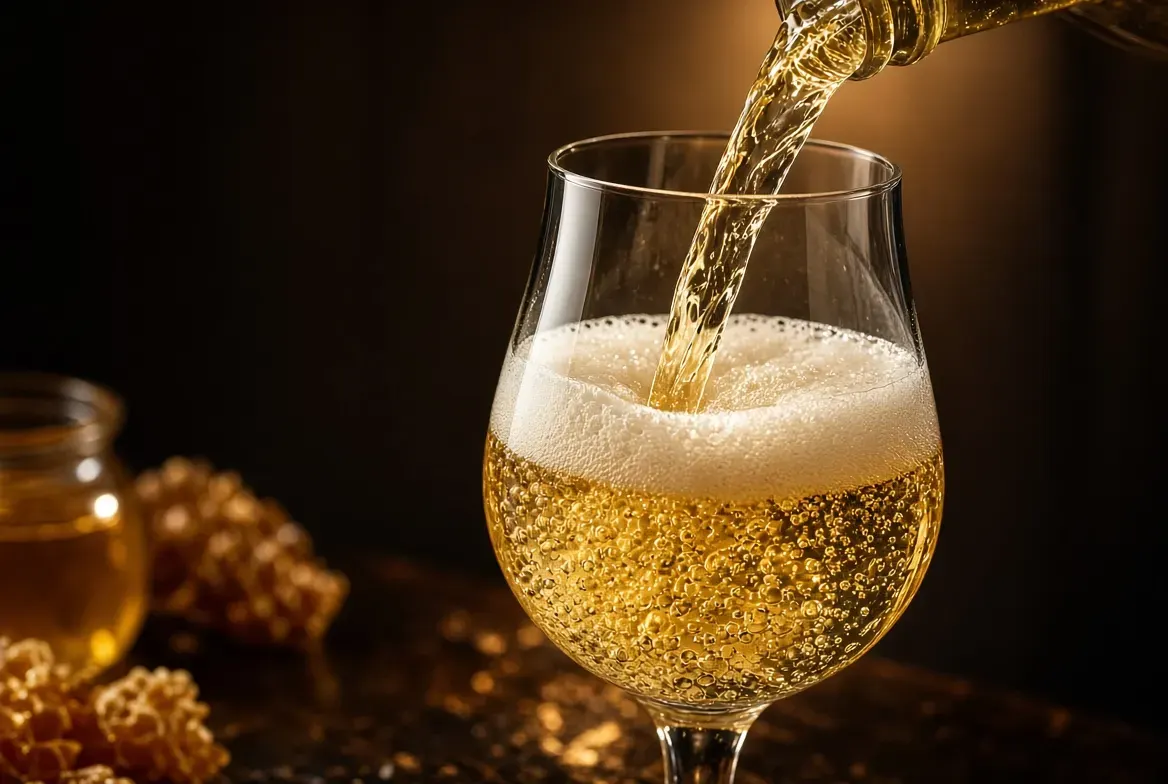 Sparkling honey wine poured into a tulip glass, with a foaming head and a rush of fine bubbles