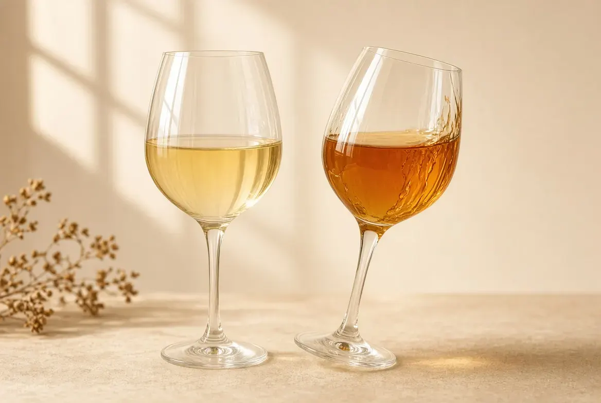 Dry and semi-sweet honey wine side by side, the sweeter glass deeper in colour with thicker legs