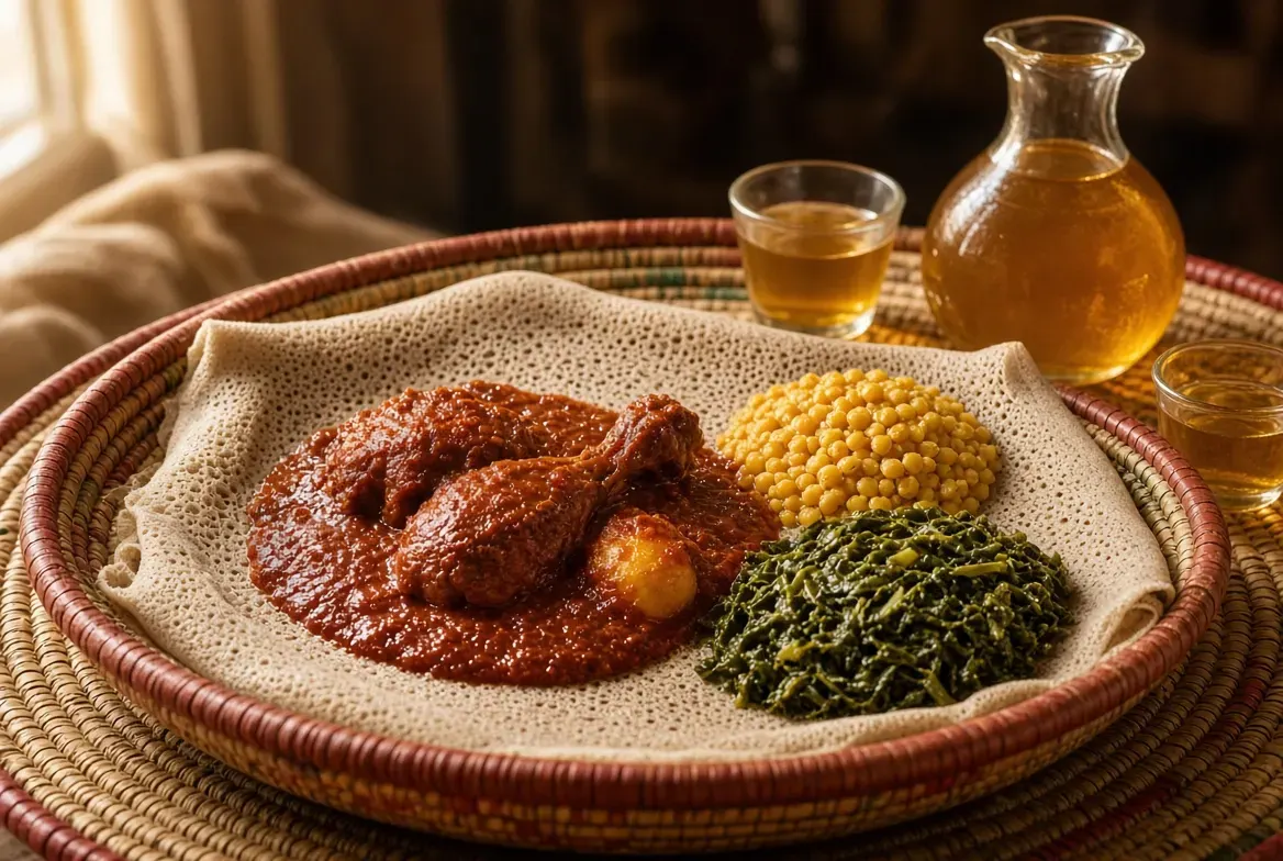 Injera topped with doro wat, yellow split peas and collard greens, served with a flask of tej