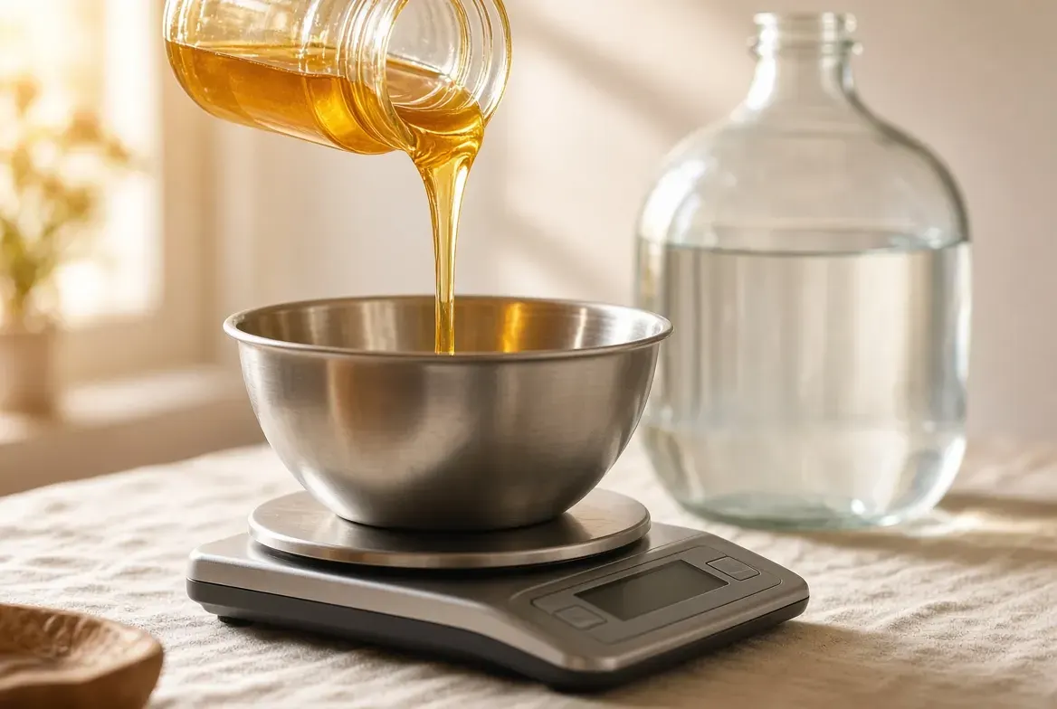 Honey poured into a steel bowl on a kitchen scale, next to a gallon jug of water